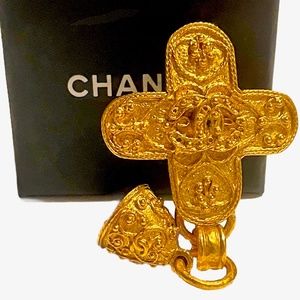 CHANEL: RARE Vintage Gold-tone CC Logo Cross with Bell Motif Brooch (1994)